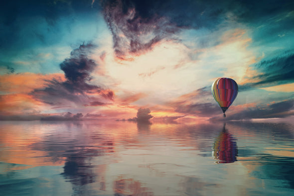 Hot Air Balloon Floating Over the Ocean in Sunset Photograph Print 100% Australian Made