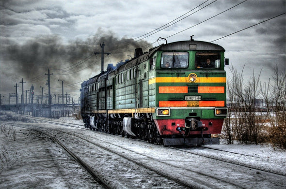 Train with smoke in Winter Photograph Print 100% Australian Made
