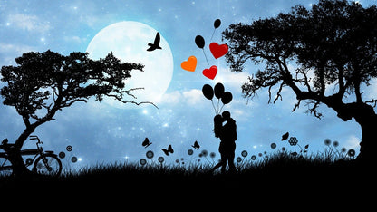 Couple Holding Baloons & Hugging Under Moonlight Art Print 100% Australian Made