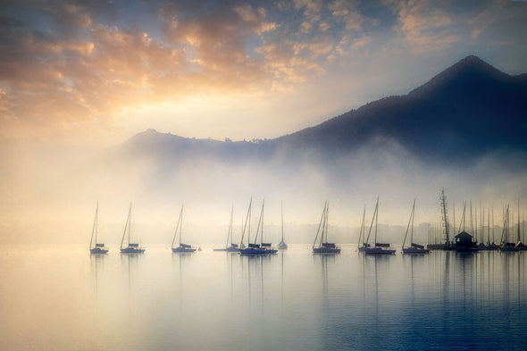 Boats on Lake in Mist with Mountain View Photograph Print 100% Australian Made