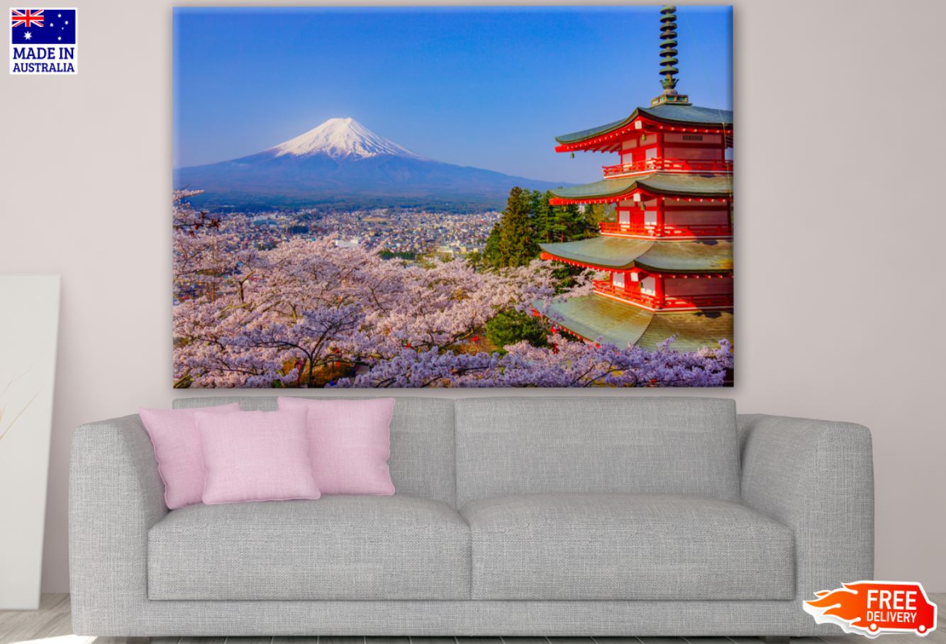 Fiji Mountain & Blossom Tree View with Temple Photograph Print 100% Australian Made