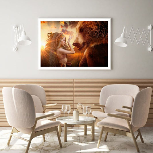 Worriror Girl & Bear Photograph Home Decor Premium Quality Poster Print Choose Your Sizes