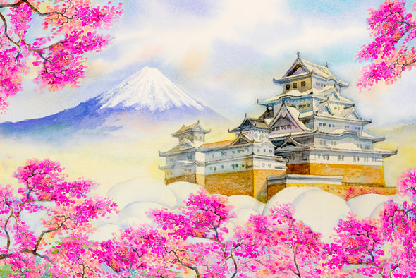 Japanese Castle with Mountain view Watercolour Painting Print 100% Australian Made