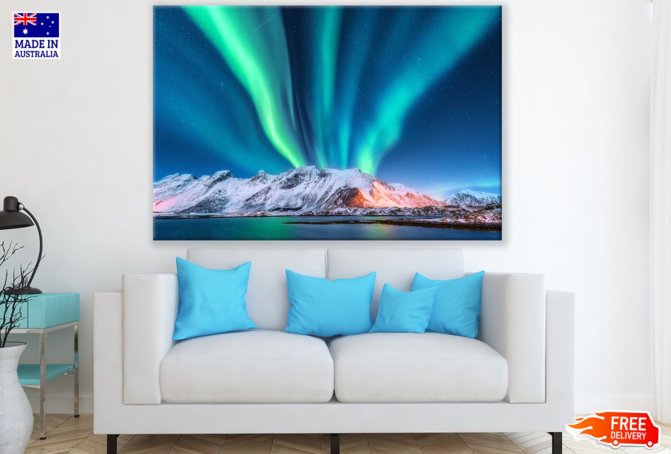 Aurora Over Snow Capped Mountain Print 100% Australian Made