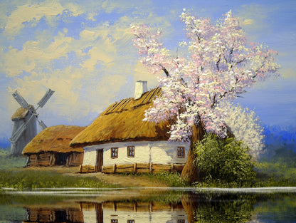 Village Houses & Windmill With Flower Trees Painting Print 100% Australian Made