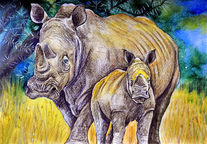 Rhinoceros Mother & Baby Walking Painting Print 100% Australian Made