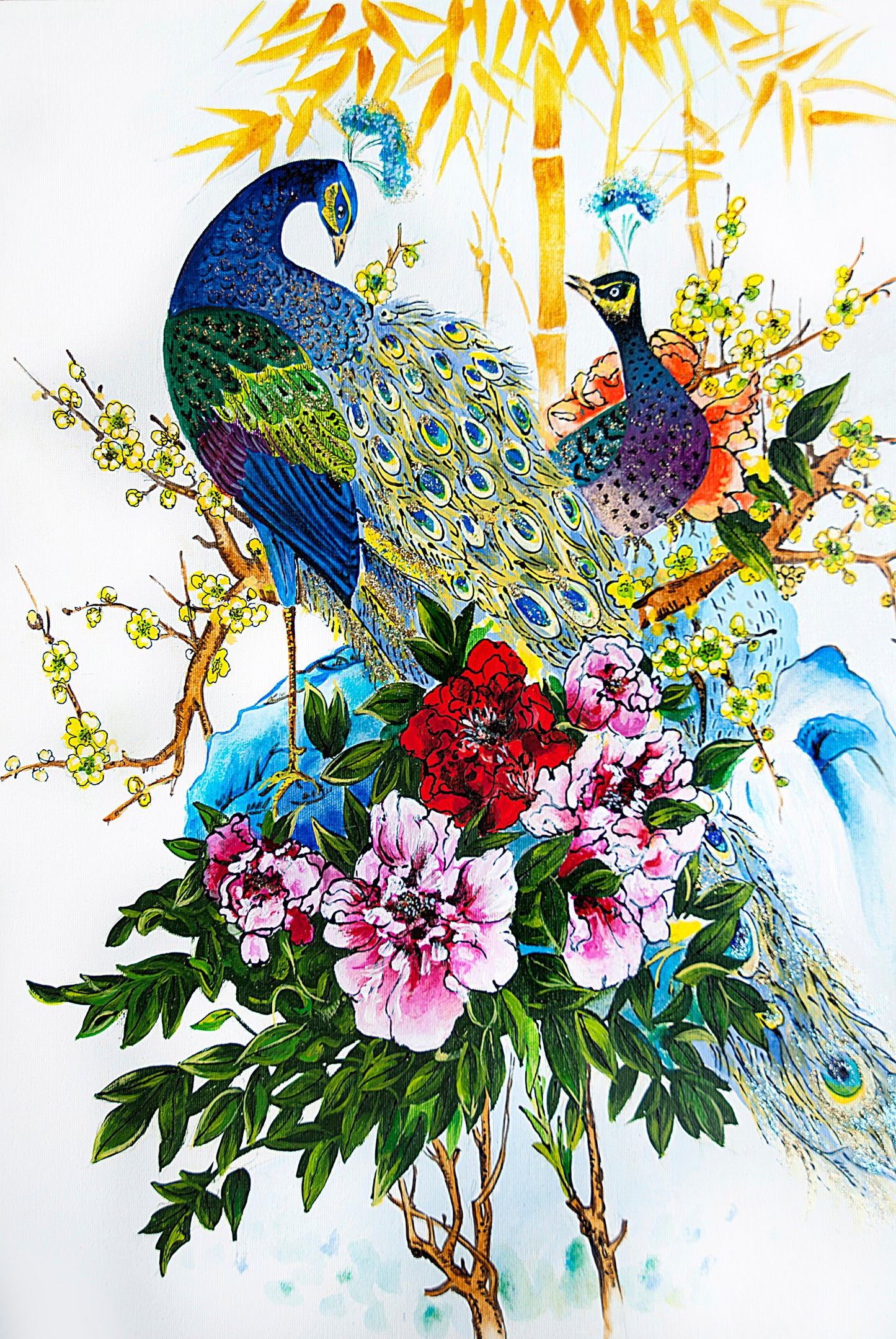 A Pair of Peacocks on a Tree Branch Painting Print 100% Australian Made