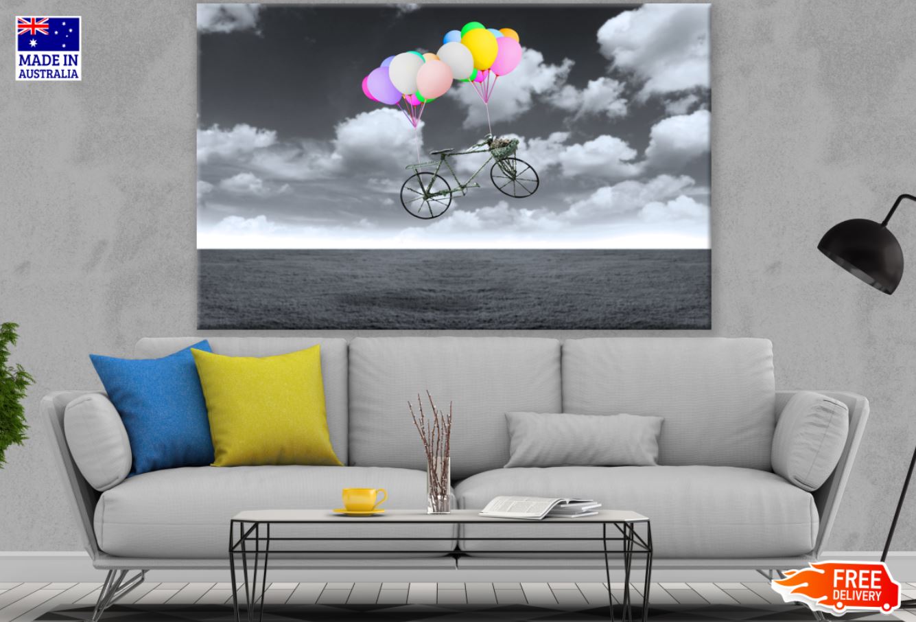 Floating Bicycle with Colorful Balloons B&W Print 100% Australian Made