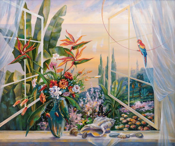 Opened Window Parrot Flowers & Plants Painting Print 100% Australian Made