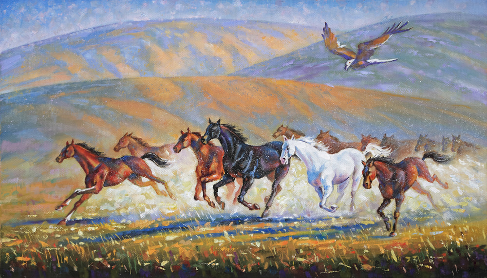 Horses Running and Eagle Flying into Same Direction Painting Print 100% Australian Made