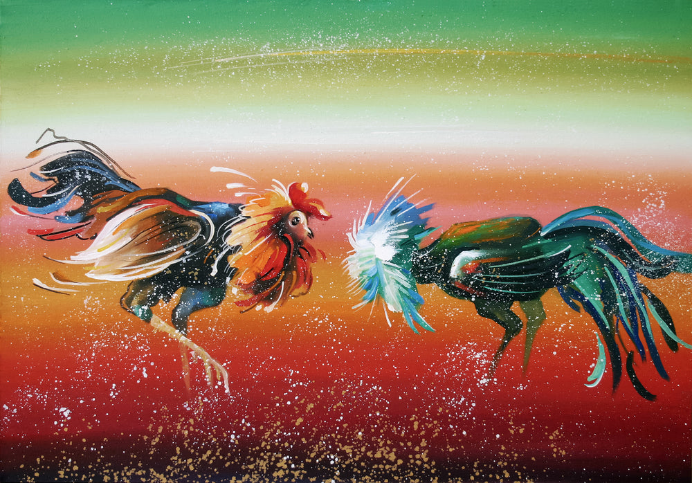 Roosters Fighting Painting Print 100% Australian Made