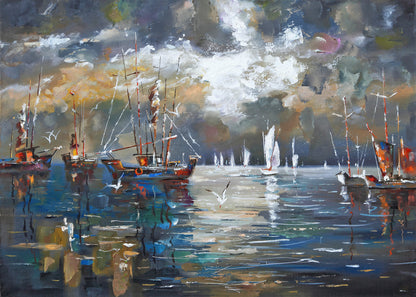 Fishing Boats & Bird Beach Painting Print 100% Australian Made