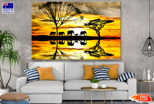 Elephants Walking Near Lake Paint Print 100% Australian Made