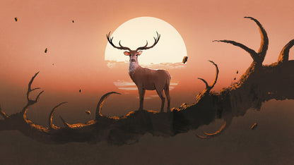 Deer Standing on a Giant Branch Sunset Painting Print 100% Australian Made