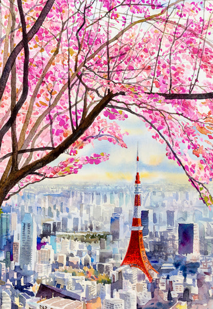 Cherry blossoms and Tokyo Tower Painting Print 100% Australian Made