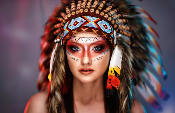 American Indian Girl in Native Costume, Headdress Made of Feathers Photograph Print 100% Australian Made