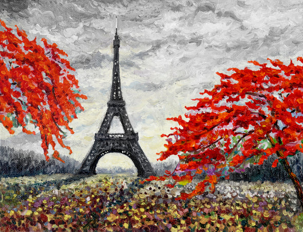 Eiffel Tower & Flower Trees Painting Print 100% Australian Made