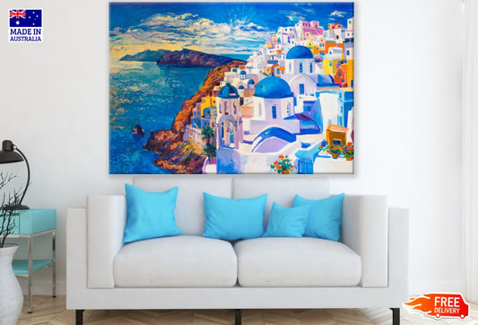 Santorini Island City Oil Painting Print 100% Australian Made