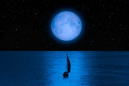 Boat Sailing On Sea Moonlight Night Photograph Print 100% Australian Made