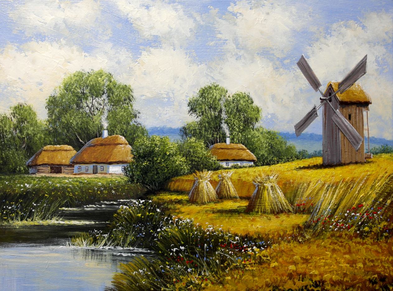 Windmill & Village Oil Painting Print 100% Australian Made