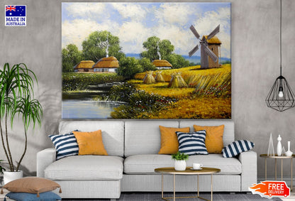 Windmill & Village Oil Painting Print 100% Australian Made