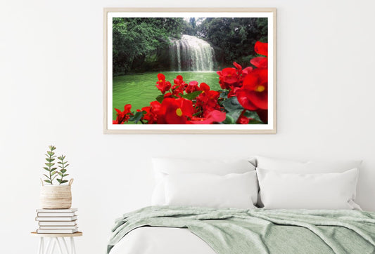 Red Flowers Near Waterfall Scenic Home Decor Premium Quality Poster Print Choose Your Sizes
