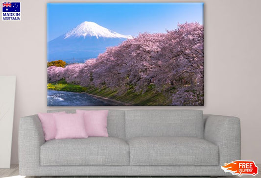 Snow Capped Mountain & Blossom Tree Forest Photograph Print 100% Australian Made