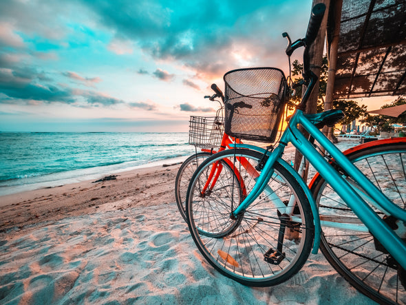 Bicycles in a Tropical Beach at Sunset Photograph Print 100% Australian Made
