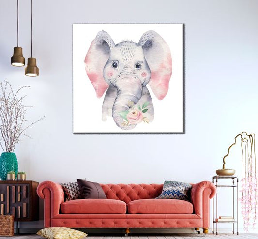 Square Canvas Baby Elephant with Flowers Kids Watercolor Painting High Quality Print 100% Australian Made