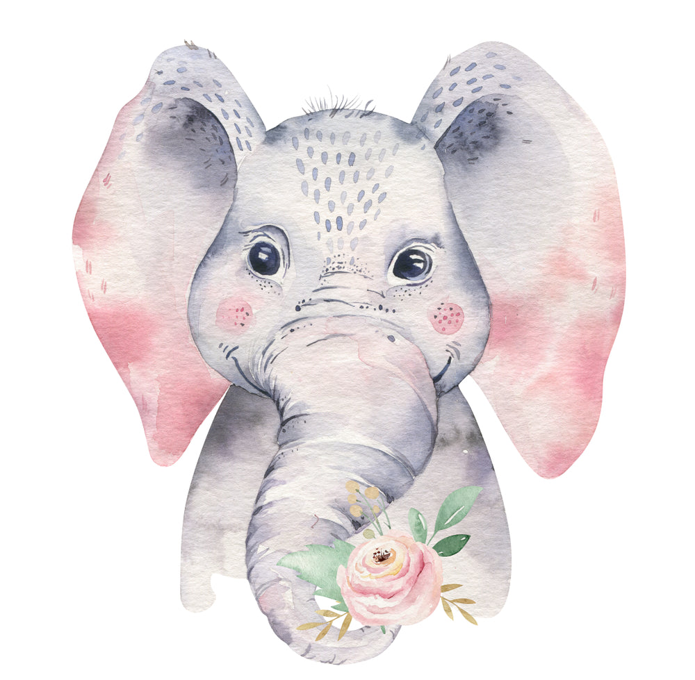 Square Canvas Baby Elephant with Flowers Kids Watercolor Painting High Quality Print 100% Australian Made