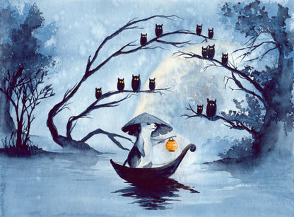 Watercolor Mouse In A Boat With Owls Painting Print 100% Australian Made