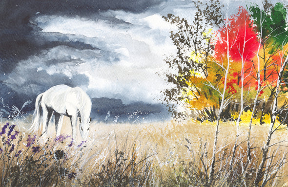 Horse on the Meadow Between Colourful Trees with Stormy Clouds Watercolor Painting Print 100% Australian Made