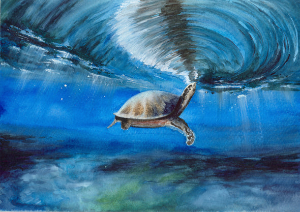Watercolor Sea Turtle In A Blue Ocean Painting Print 100% Australian Made