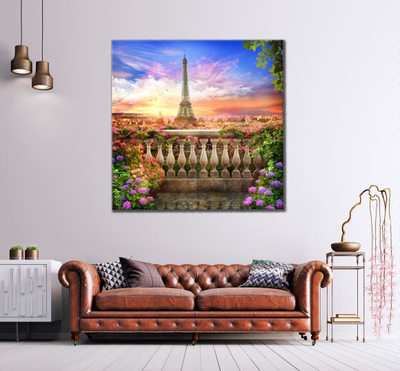 Square Canvas Eiffel Tower View from Floral Balcony High Quality Print 100% Australian Made