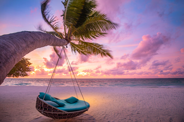 Tropical Sunset Beach with Beach Swing & Colorful Sky Photograph Print 100% Australian Made