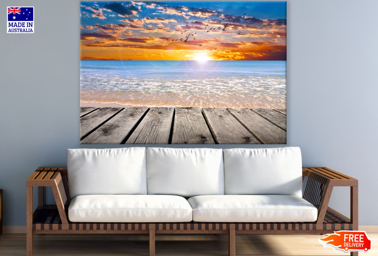 Wooden Pier Over Sea Sunset View Print 100% Australian Made