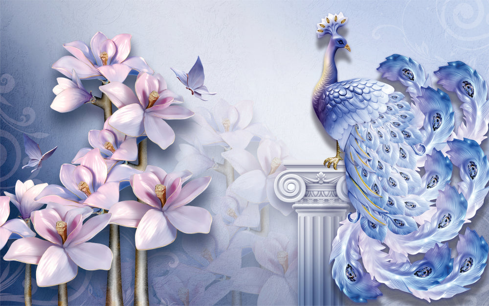 Beautiful Peacock with Pink Flowers 3D Design Print 100% Australian Made