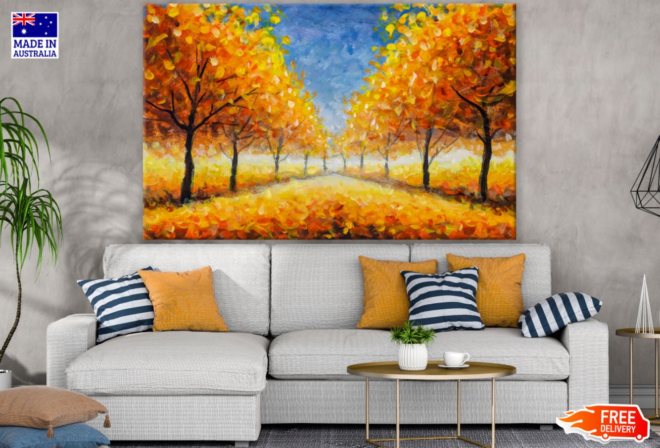 Orange Leaves Tree Oil Painting Row Print 100% Australian Made