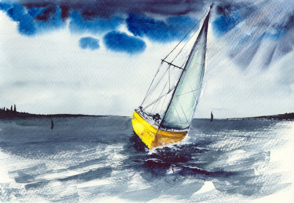 Watercolor Sailing Boat In The Storm Painting Print 100% Australian Made