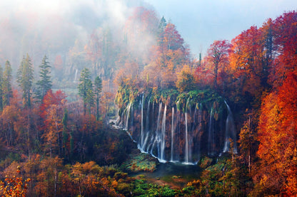 Autumn Tree View on Foggy Waterfall in Plitvice lakes, Croatia Landscape photograph Photograph Print 100% Australian Made