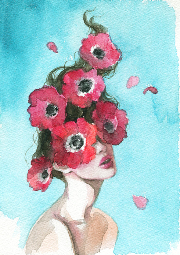 Beautiful Young Girl with Flowers Fashion Watercolor Painting Print 100% Australian Made