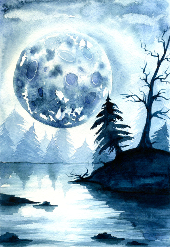 Watercolor Dark Forest Landscape with Moon Painting Print 100% Australian Made