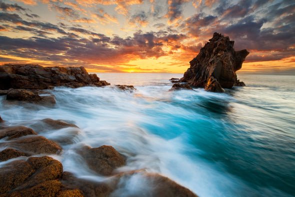 Beautiful Sunrise on Ocean Coast with Rocks Photograph Print 100% Australian Made