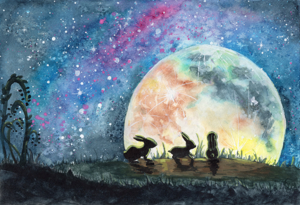 Three Rabbits in a Grass Field Looking on a Huge Colorful Moon & Bright Starry Sky Painting Print 100% Australian Made