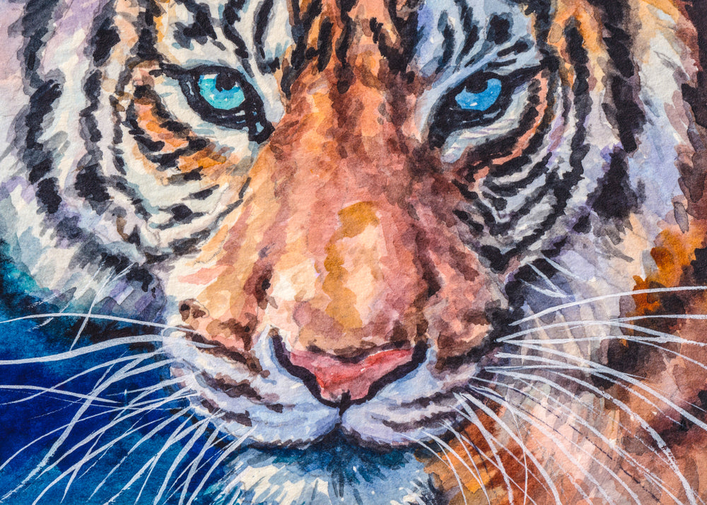 Blue Eyes Tiger Face Portrait Painting Print 100% Australian Made