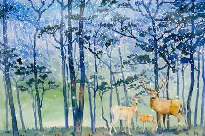 Snow Falls in Forest Winter Watercolour Landscape Deer Family Painting Print 100% Australian Made