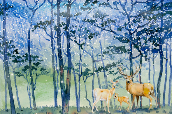 Snow Falls in Forest Winter Watercolour Landscape Deer Family Painting Print 100% Australian Made