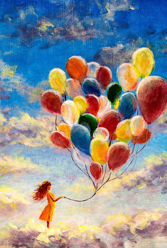 Woman with Flying Balloons on the Clouds Painting Print 100% Australian Made