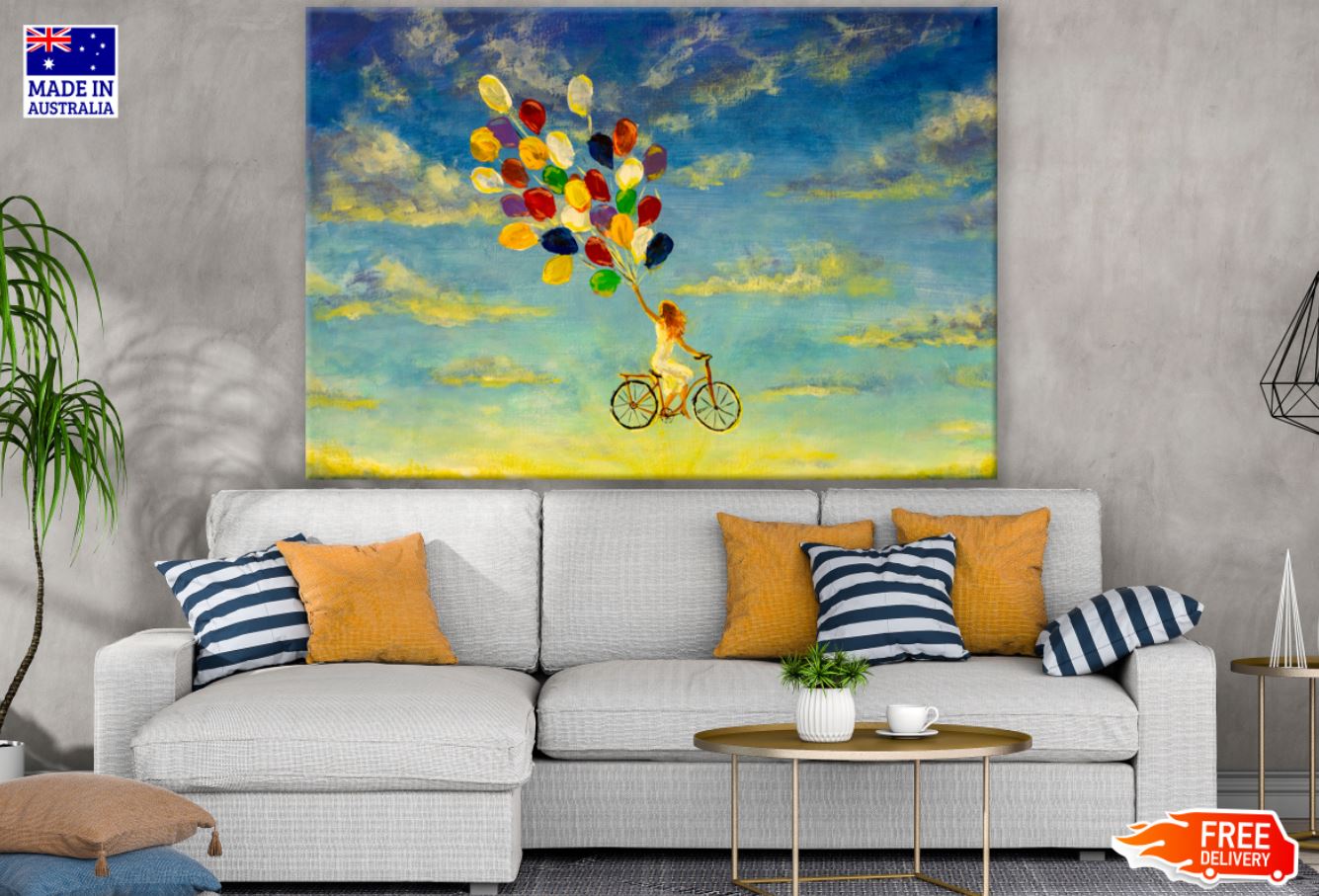 Bicycle & Colorful Balloons Oil Painting Print 100% Australian Made