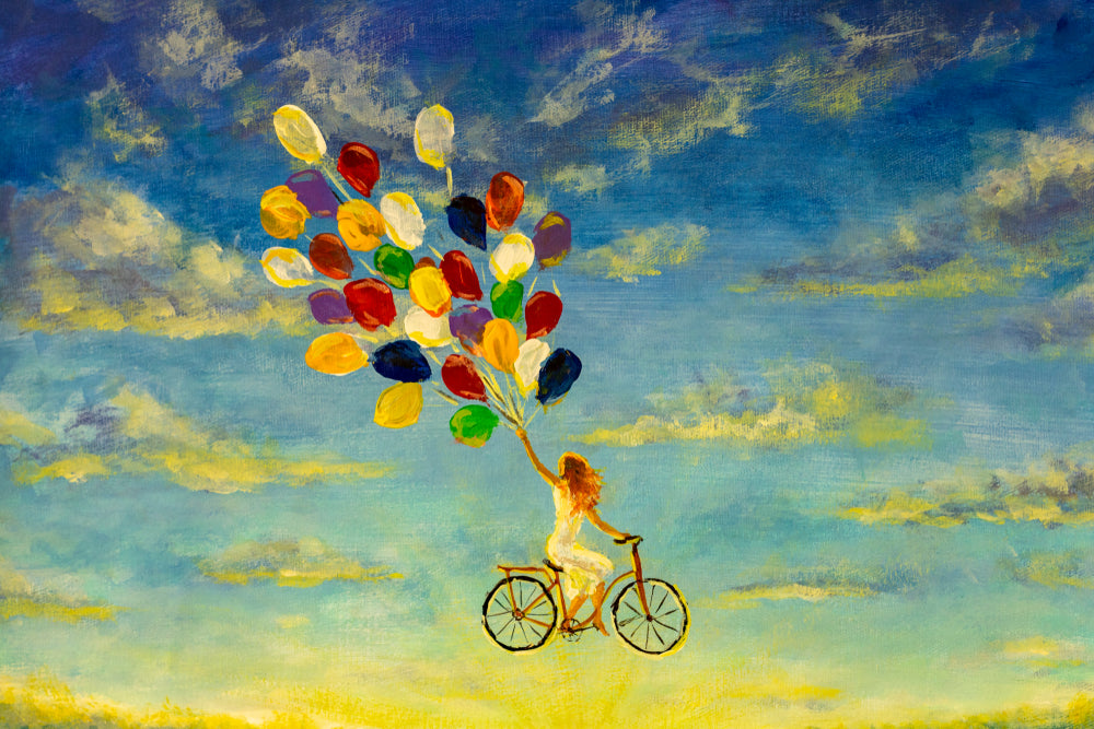 Girl Floating with a Bicycle & Balloons Oil Painting Home Decor Premium Quality Poster Print Choose Your Sizes